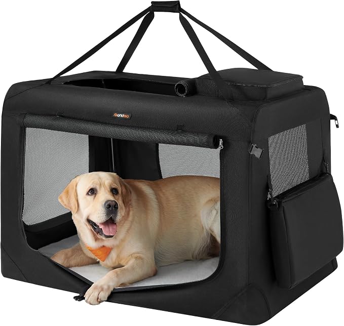 Feandrea Collapsible Soft Dog Crate, Portable Travel, 40 Inches | Dog Carrier Kennel with Safety Zippers for Living Room, Car, Travelling, Black UPDC10H