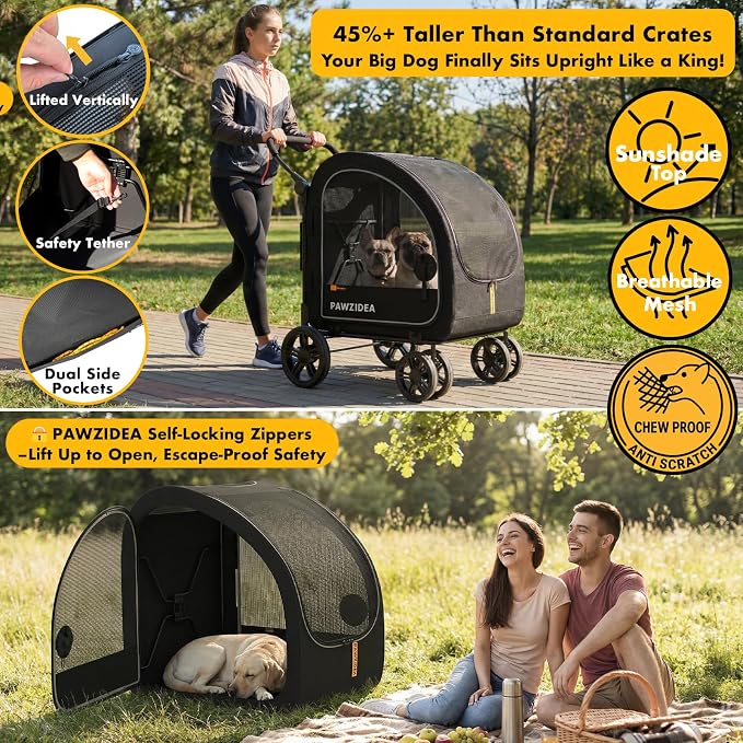 PAWZIDEA 3-in-1 Large Dog Stroller with Detachable Carrier, 45% Extra Tall | Dog Crate Car Travel for 2 Medium Dogs Sit Upright, Foldable Jogger Pet Stroller All-Terrain, Adjustable Handle, Up to 100lbs