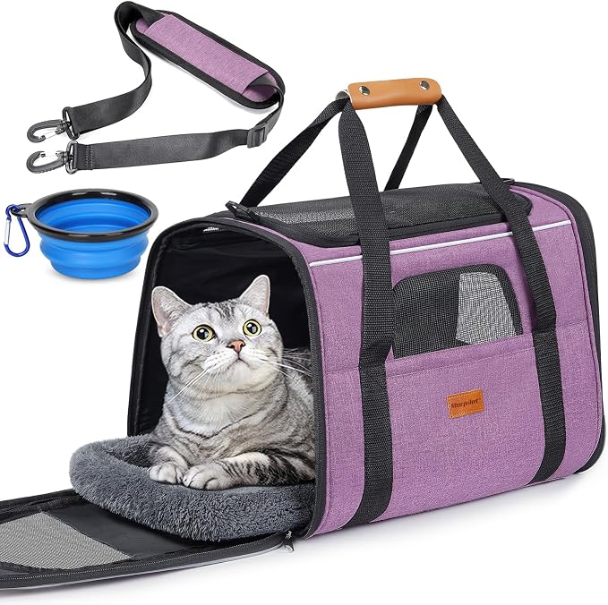 Morpilot Pet Carrier for Large Cats, Puppies & Small Dogs Up to 25lbs | Escape-Proof with Locking Zippers, Dual-Sided Cushion, Safety Buckle for Car & Vet Travel, Includes Foldable Bowl (Purple)