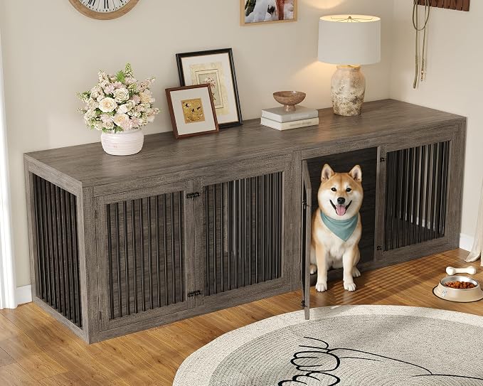 AMERLIFE Dog Crate Furniture for Medium/Large Dogs with Storage and Divider | 3-in-1 Corner Dog Kennel, Space-Saving Heavy Duty Large Cage, Grey