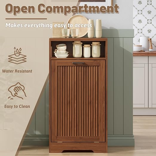 Pet-Proof Single 13 Gallon Tilt Out Trash Can Cabinet with Open Storage – Hide Garbage & Recycling Bins to Keep Your Kitchen Clean and Organized,Walnut