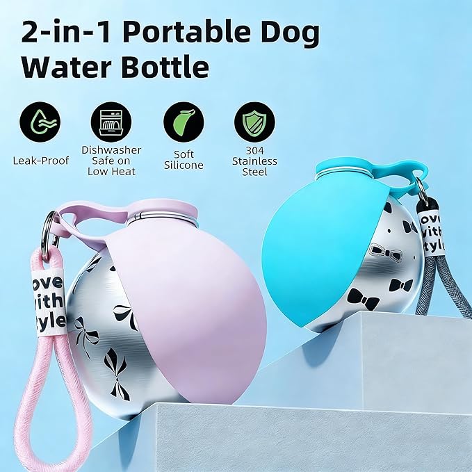 2 In 1 Portable Dog Water Bottle with Foldable Silicone Bowl, 10 Oz Travel Water Bottle for Dogs Drinking, Leakproof Stainless Steel Pet Water Bowl for Outdoor Walking Hiking Camping (Blue with Print)