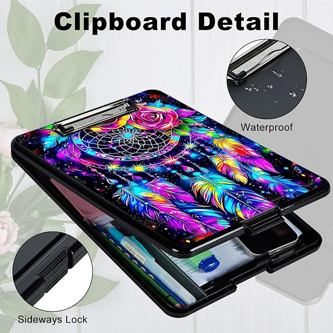 Artistic Dreamcatcher A4 Clipboard with Storage Pen Holder, Clipboards Organizer Nursing Clipboard Foldable File Folder Plastic Clipboard Folio Clip Board for Office Students Classroom