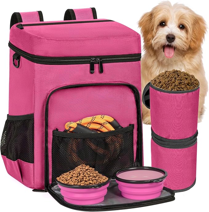 ANILD Dog Travel Bag Backpack, Flight-Ready TSA-Approved Dog Travel Bag with 2 Leak-Proof Food Canisters, 2 Foldable Silicone Bowls, Multi-Compartment Organizer for Hiking, Camping, Dog Mom Essentials