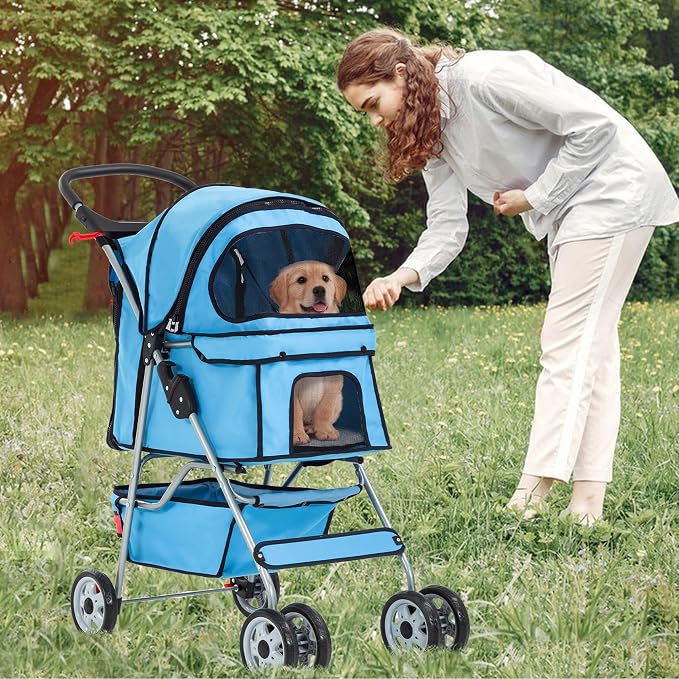 FDW Pet Stroller 4-Wheel Dog Cat Stroller Travel Folding Carrier Puppy Stroller with Cup Holder and Removable Liner for Small Medium Dogs Cats, Blue