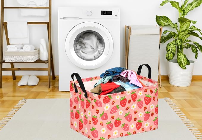 Kid Storage Basket Gift Shelf Basket Toy Storage Bin, Nursery Basket Organizer Box for Children Room Deco With Handles (Strawberry)