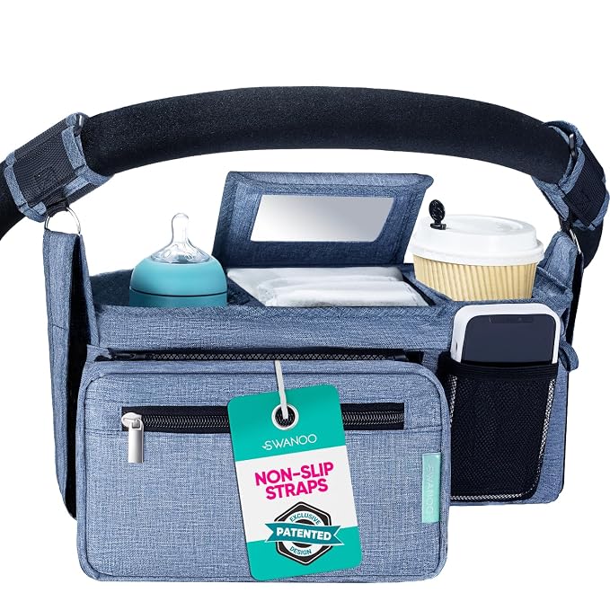 Swanoo Stroller Caddy Organizer, Cup Holder, Wipes Pocket, Non-Slip, Blue
