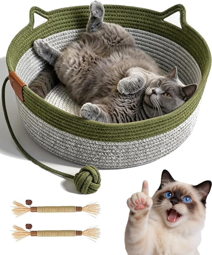 Instinct Basket for Cats,Cat Basket Bed with Cushion & Hanging Ball Toy,Handwoven Cotton Rope Cat Basket (Green,L(up to 27Lb))