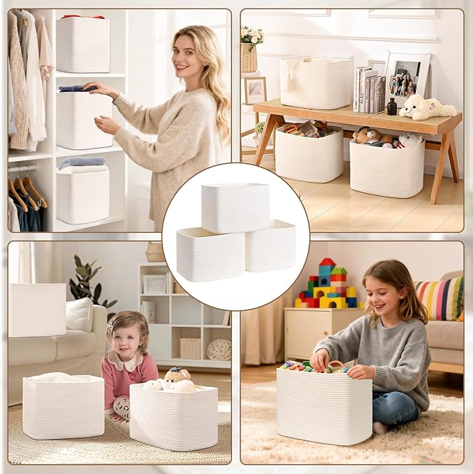 3 Pack Cube Storage Bin, 17”x12”x12” Cotton Rope Woven Baskets for Organizing Toys Clothes Towels, Square Gift Storage Baskets for Shelves, Nursery, Closet, Bathroom, Pantry (White)