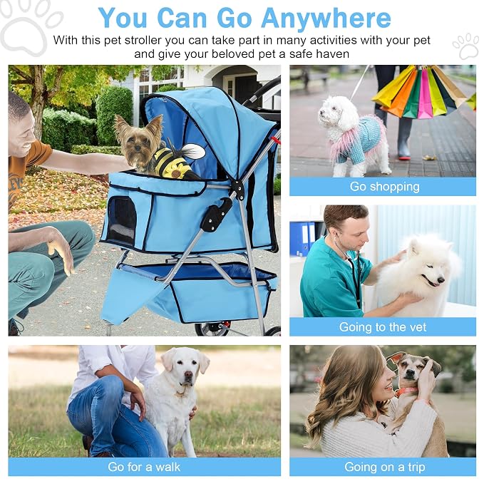 BLKMTY Folding Dog Stroller, 3 Wheels Pet Stroller, Foldable Cat Strollers Waterproof Travel Carrier Strolling Cart for Puppy Jogger with Cup Holder & Storage Basket, Blue