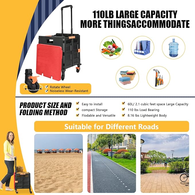 Foldable Utility Cart Rolling Crate Handcart 110lbs Large Capacity Shopping Cart with 360°Rotate Noiseless Wheels & Telescoping Handle for Transports Groceries Office School Use（Red）