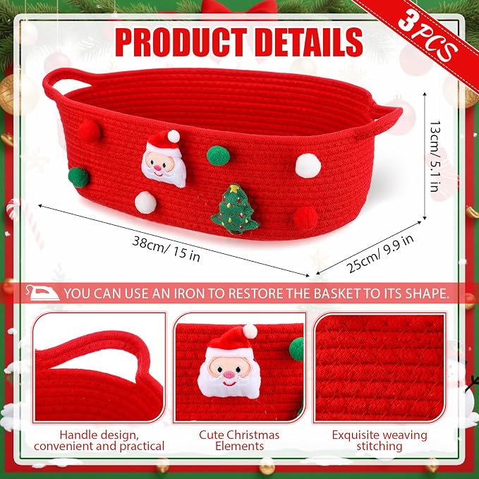 FoldTier 3 Pack Christmas Gift Basket Empty 15 x 9.9 x 5.1 Inch Santa Red Christmas Storage Bin with Handles, Woven Cotton Rope Basket for Gifts Holiday Treats Party Supplies, Home Xmas Decorations
