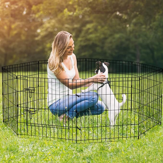 Puppy Pet Playpen 8 Panel 24 Inch Indoor Outdoor Metal Portable Folding Animal Exercise Dog Fence Ideal for Pet Animals Dog Cat Rabbit Breed Puppy (24" x 24" x 8) | Eight 24"W x 24"H black rustproof metal panels with built-in door, foldable tool-free d...