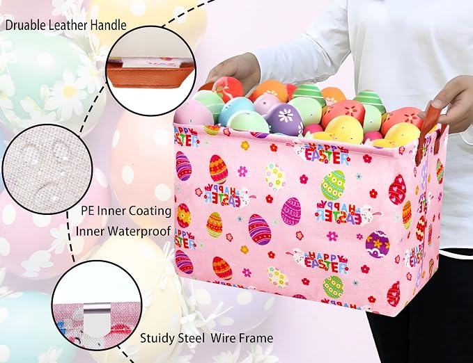 Large Rectangular Easter Baskets Empty Waterproof Boy Toy Box Foldable Kid's Gifts Storage Bin Spring Room Decor(HAPPY Pink Rabbit Egg)