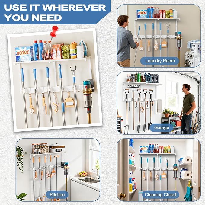Broom Holder Wall Mount with Cleaning Supplies Organizer, Laundry Room Organization and Storage Shelf with Mop Hanger Rack Gripper Hooks, Utility Shelf Closet Organizer Floating Shelves for Garage