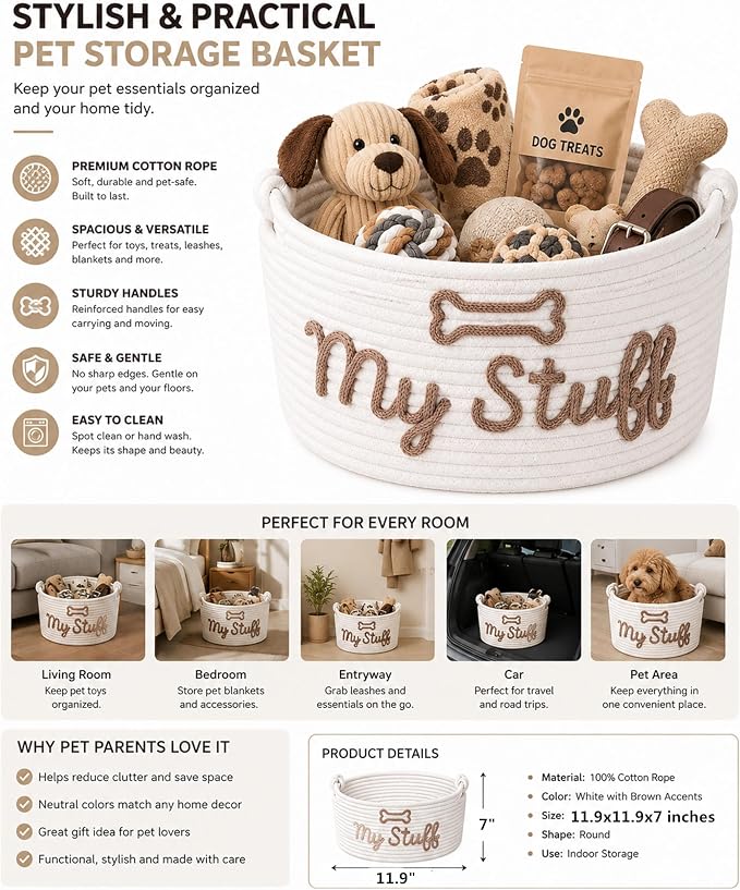 JUPPE Pet Dog Basket with Personalized Name, Dog Toys Storage Organizer Custom Cotton Rope Basket Nursery Decor (White pet basket)
