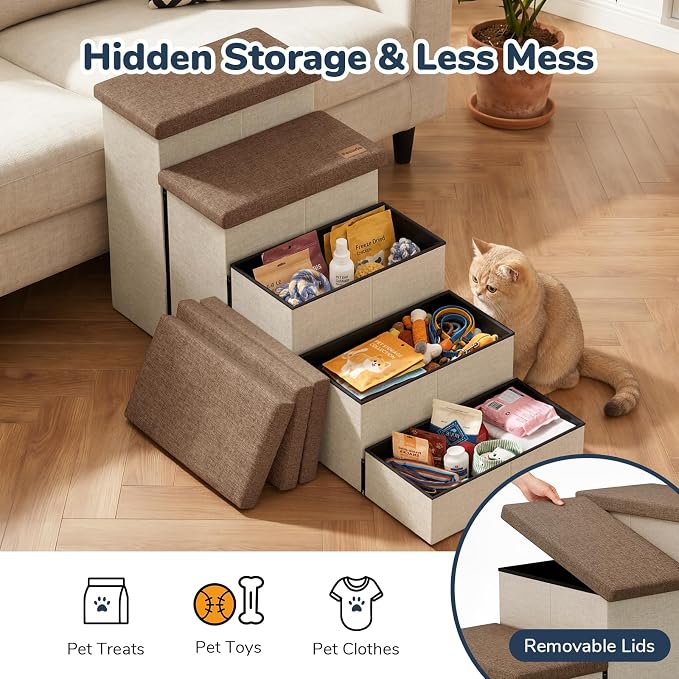 5-Step Wide Dog Stairs with Storage 23" H, Non-Slip Sturdy Pet Steps for High Bed Window, Pet Stairs for Small/Medium/Large Old Dogs Cats Up to 220lbs, Cat Dog Steps for Car, Beige&Brown Lid