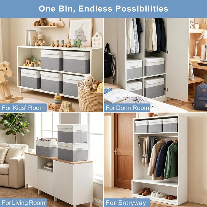 Large 17" 42 Quarts Collapsible Stackable Storage Bins with Lids [3-Pack] Foldable Fabric Linen Storage Boxes Cube, Closet Organizer Baskets with Label (16.7 x 12 x 12, Gray & White)