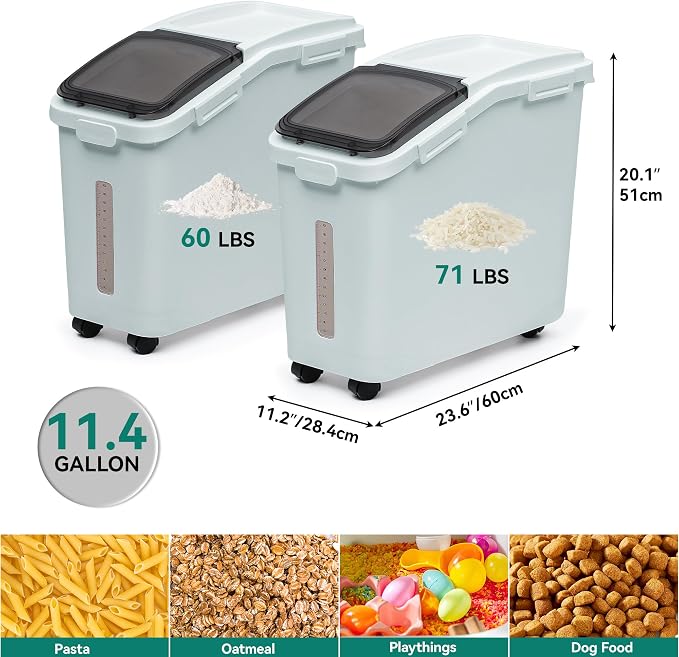 YITAHOME Ingredient Storage Bin, Large Commercial Rice Container with 11.4 Gallon Capacity, Bulk Flour Bin with Wheels, Scoop, Lid, and Scale for Kitchen,2count, Grey