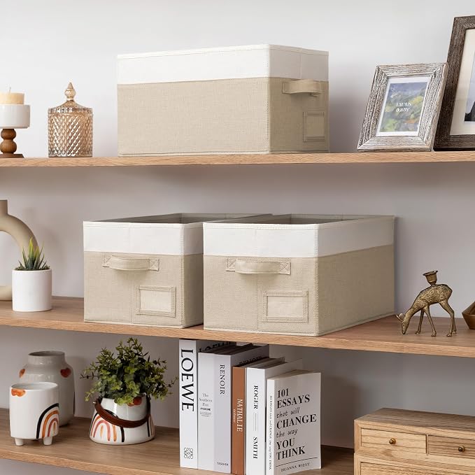 GRANNY SAYS Closet Storage Bins with Label, Khaki&Ivory, Medium, 3-Pack | Fabric Storage Bins, Storage Baskets for Closet, Closet Organizer Bins for Clothes, Clothes Storage Organizer