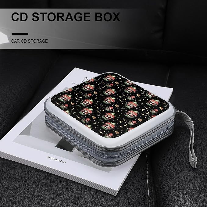 Hard Plastic DVD Storage Moon Frog Mushroom CD Storage Binder Disc Wallet | 40 Capacity CD Holder Case, Scratch-Resistant, Zipper Closure for Home Office Car, Moon Frog Mushroom