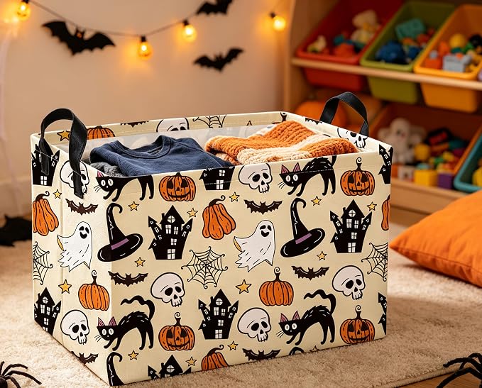 Rectangle Kids Baskets Halloween Basket Cute Storage Bin for Room Decor Gift Basket(Horror Halloween)