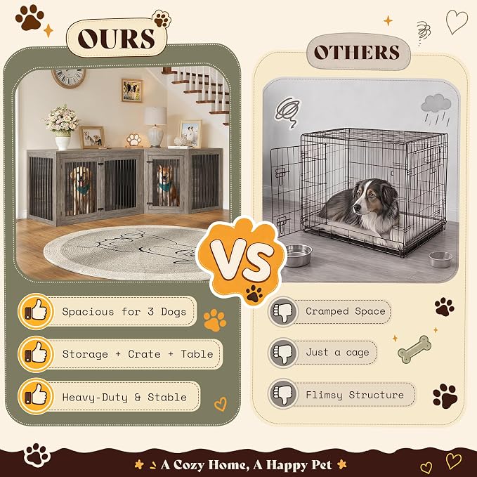 AMERLIFE Dog Crate Furniture for Medium/Large Dogs with Storage and Divider | 3-in-1 Corner Dog Kennel, Space-Saving Heavy Duty Large Cage, Grey