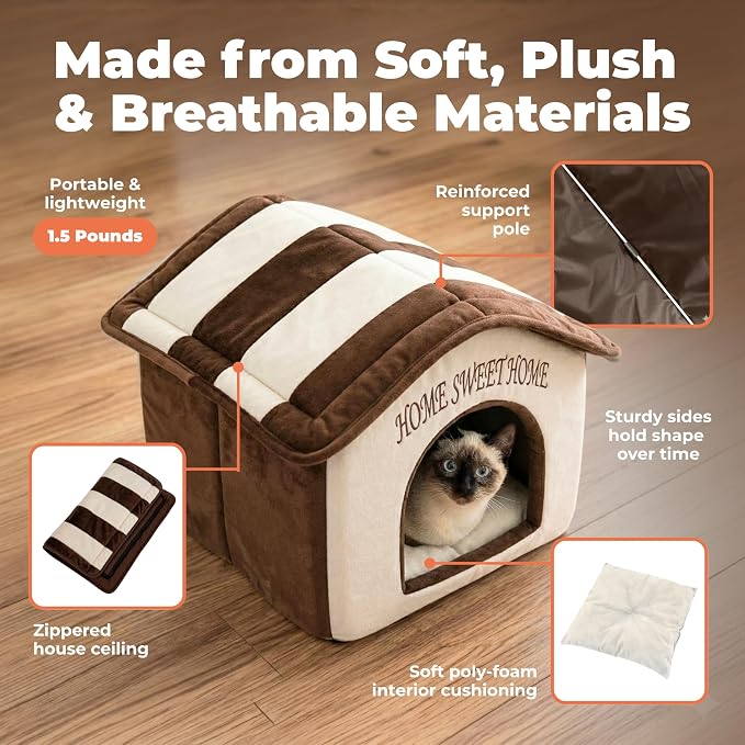 Best Pet Supplies Cat Bed for Indoor Cat, Domed Tent House with Removable Pillow, Covered Cat Cave for Small Dog, Puppies and All Breeds of Cats - Beige w/ Brown Stripes, 16 x 16 x H:14"