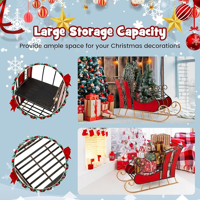 Metal Santa Sleigh, Christmas Santa Sleigh Basket w/ 2-Tier Storage Shelf Big Loading Area for Gifts, Reindeer Outdoor Decoration for Indoor Holiday Decor Lawn Yard Home Pets Trailer Party