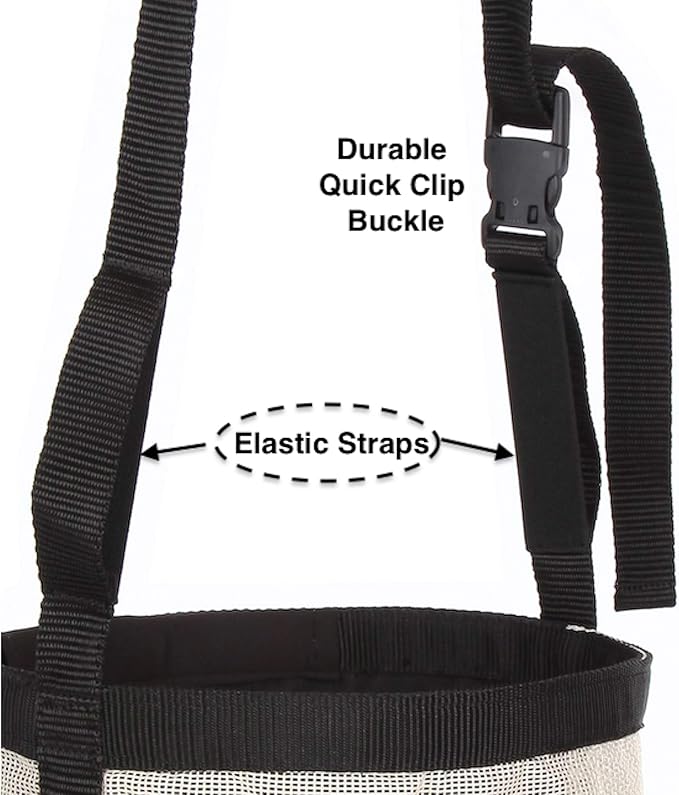 Majestic Ally Horse Feed Bag, Heavy Duty Nylon Mesh Grain Feed Bag, Adjustable Strap with Durable Snap and Elastic Straps, Comfort Neck Pad and Nose Pad- Large (Pony, Beige)