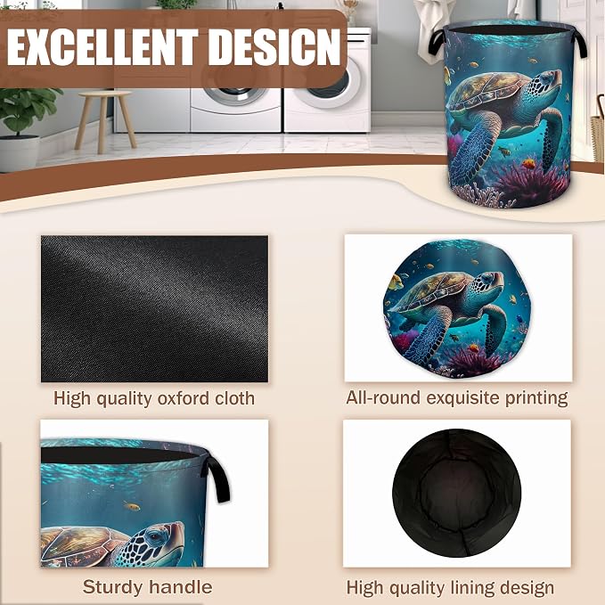 Sea Turtle Ocean Laundry Basket,Laundry Hamper Waterproof Oxford Cloth Tote Bag,Clothes Storage Bucket Decorative Toy Organizer for Bathroom Bedroom 16" x 20.8"