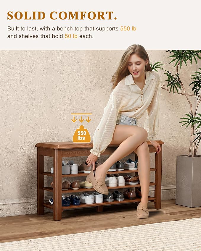 IUNVR Shoe Rack Bench Seat Rubberwood 3-Tier Wooden Storage Bench 550lbs Compact Mid-Century Modern Design for Entryway, Hallway, Closet, Front Door Entrance, Foyer