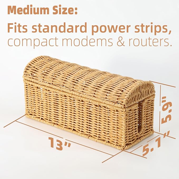 Rattan Cable Management Box, Ventilated Cord Hider with Flip Lid