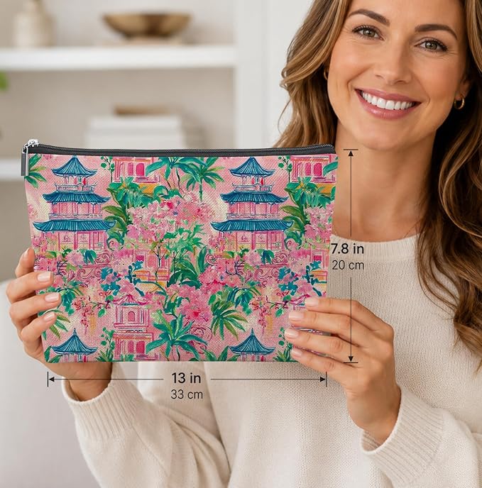 Pink Blue Chinoiserie Pagoda Empty Mahjong Tile Bag 13x7.8 Inch | Green Tropical Printed Portable Travel Case Organizer Zipper Pouch for American Mahjong Tiles Game Night Accessories andGifts