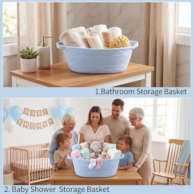 Baby Boy Woven Gift Basket for Gifts Empty Blue Storage Basket | Soft Cotton Rope for Organizing Raffle Events Baby Shower Nursery Bathroom Pet Toys Shelf Table Closet Storage