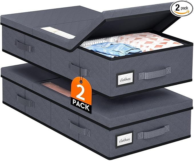 StoreHappily Under Bed Storage Containers with Lids, 2 Pack Foldable Grey | Storage organizer, Stackable Clothes Storage Bags, For Blankets Pillows Clothing, Clear Window, 3-Sided Handles, Label Slot