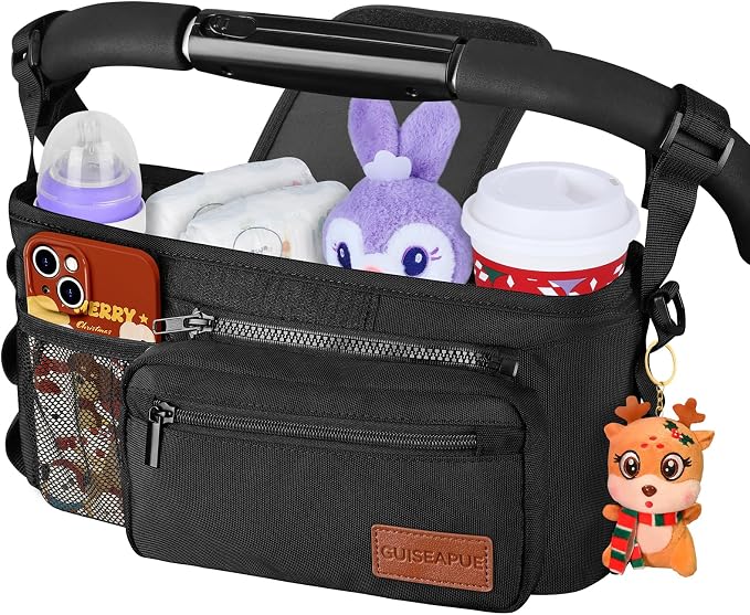Stroller Organizer with Cup Holder, Non-Slip Stroller Caddy Baby Essentials | Universal Stroller Bag Accessories with Detachable Phone Bag, Fits for Uppababy, Baby Jogger, Christmas New Moms Baby Gifts