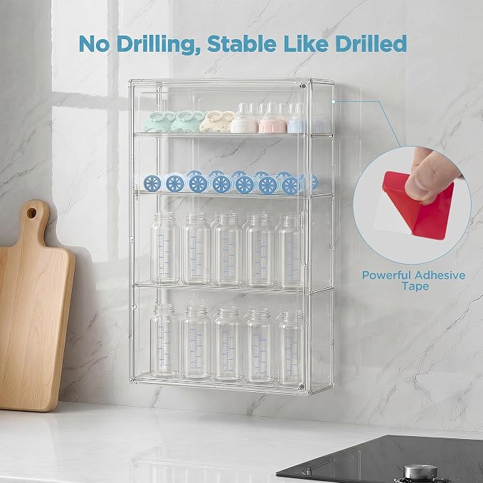 HBlife Baby Bottle Storage Organizer for Wall Countertop Cabinet, 4 Tiers Adjustable Clear Acrylic Bottles Storage Station Case Box Container with 3 Removable Dividers and Magnetic Door, Large