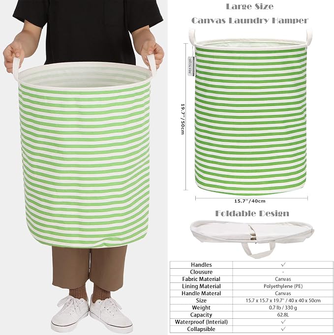 Sea Team Large Canvas Laundry Basket with Handles, Green Stripes | Collapsible Fabric Laundry Hamper, Closet Shelf Organizers, Containers for Clothing, Blankets, Toys, Bedding, 19.7 x 15.7”