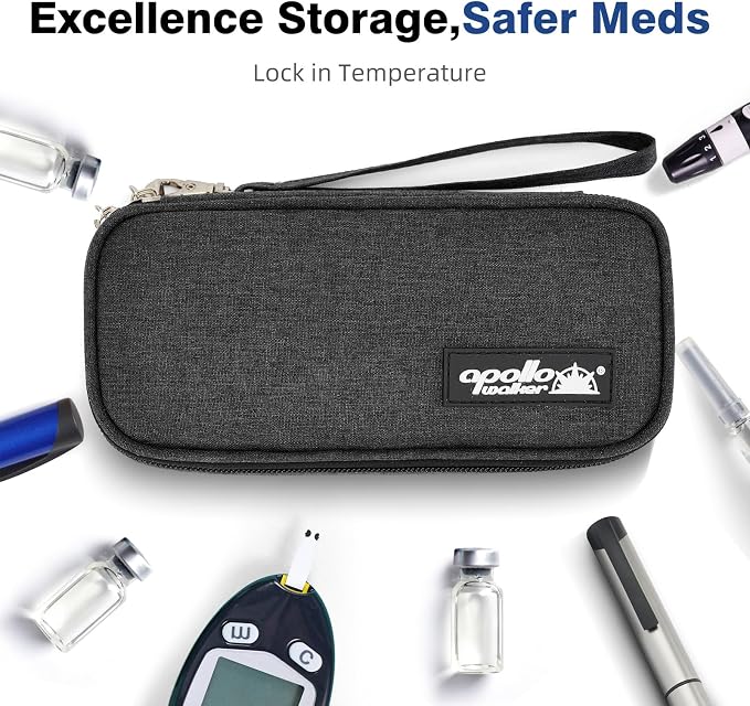 apollo walker Insulin Cooler Travel Case with Ice Packs and Insulation | TSA Approved Includes 2 x 90g ice packs for 9-hour cooling insulin pens & syringes for Diabetics to Carry (Black)