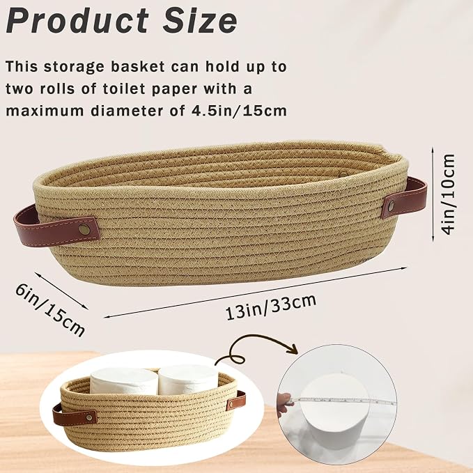 1 Pack Small Woven Storage Basket for Toilet Tank Top, Bathroom Countertop Organizer Basket Cotton Rope Toilet Paper Storage Toilet Paper Decorative Basket 13"x6"x4" (Brown)
