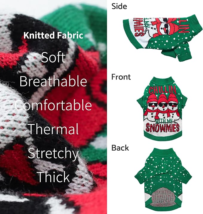 Fitwarm Chillin with My Snowmies Dog Ugly Christmas Sweater, Winter Dog Clothes for Small Dogs Girl Boy, Pet Holiday Sweatshirt, Xmas Snowman Outfit, Green, Red, White, Medium