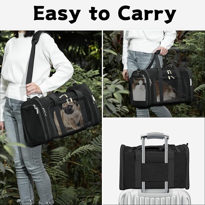 Soft-Sided Cat/Dog/Pet Carrier, Collapsible Pets Travel Carriers | For Big Cats/Small Dogs with Shoulder Strap & Removable Mat, Mesh Puppy Carry Bag, Up to 25 Lbs, TSA Airline Approved(Black)