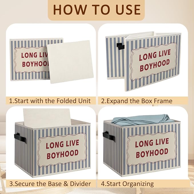 Retro Boy Nursery Foldable Storage Bins Box with Handles, Long Live Boyhood Blue Striped Decorative Storage Boxes Baskets Toybox Organizer for Kids Boy Nursery Room Bedroom Playroom