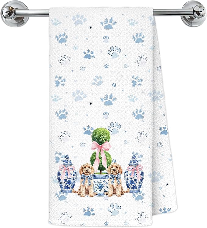 Blue Chinoiserie Christmas Goldendoodle Kitchen Towels, Goldendoodle Gifts Dish Tea Towels for Kitchen, Coquette Pink Bow Xmas Tree Golden Doodle Dog Hand Towel for Bathroom, 16x24 Inch