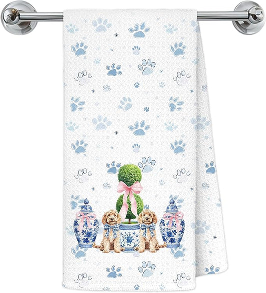 Blue Chinoiserie Christmas Goldendoodle Kitchen Towels, Goldendoodle Gifts Dish Tea Towels for Kitchen, Coquette Pink Bow Xmas Tree Golden Doodle Dog Hand Towel for Bathroom, 16x24 Inch