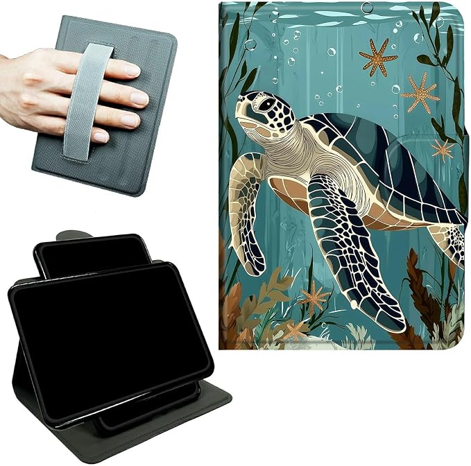 Rotating Handle Case for Samsung Galaxy Tab A7 Lite 2021 8.7", 360 Degree Swivel Kickstand with Magnetic Closure Shockproof Leather Protective Cover for Women Men, Retro Turtle Ocean