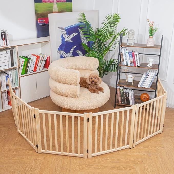 YOCAN Non-Painted Wooden Freestanding Dog Gates -6 Panel H:23” | Pet Gate for The House,Doorways, Stairs,Wood Dog Fences Indoor Pet Gate,Step Over Fence
