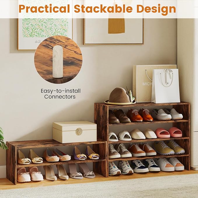 COSTWAY 6-Tier Shoe Rack, Extra Wide Shoe Shelf Organizer | Stackable Design, 31" Freestanding Adjustable Storage Shoe Stand for Small Space Entryway Hallway Closet (2,Rustic Brown)