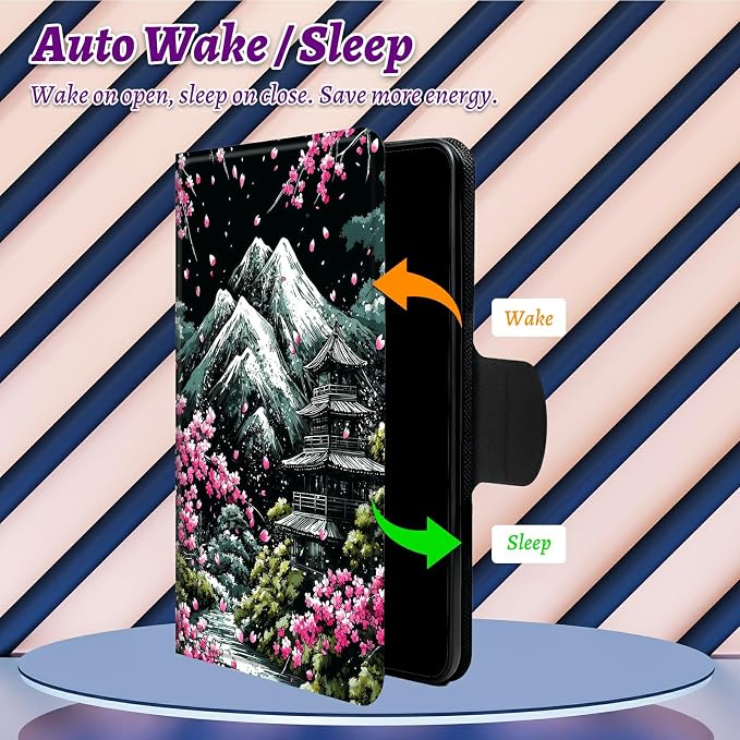 Rotating Handle Case for Samsung Galaxy Tab S10 Plus 2024/S9 FE+/S9 Plus 12.4" 2023, 360 Degree Swivel Kickstand with Magnetic Closure Leather Protective Cover, Sakura Dark Mountain Range
